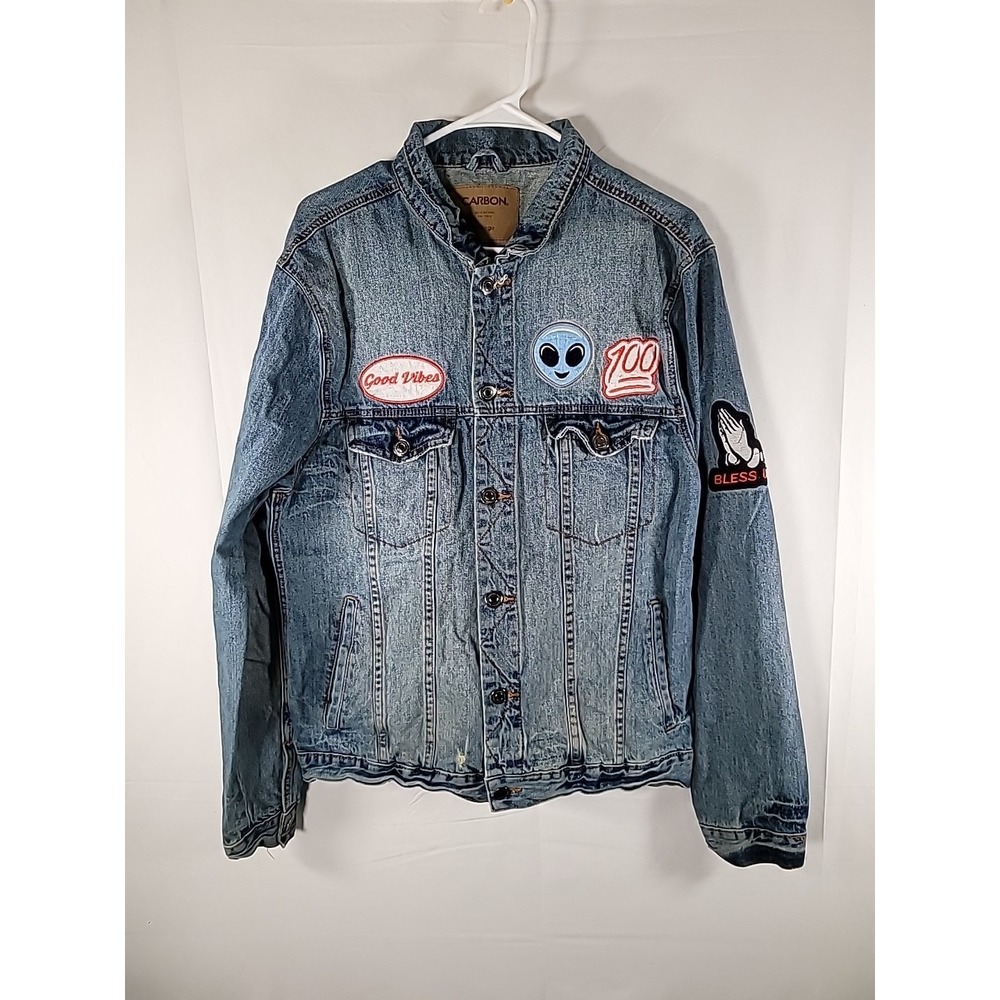 Carbon Brand Blue Denim Jean Jacket With Patches Womens Size XLarge